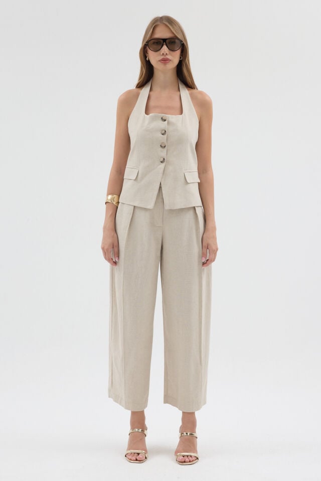 Mila Linen Set - Boyundan Bağlamalı Balon Pantalon Bej Keten Takım