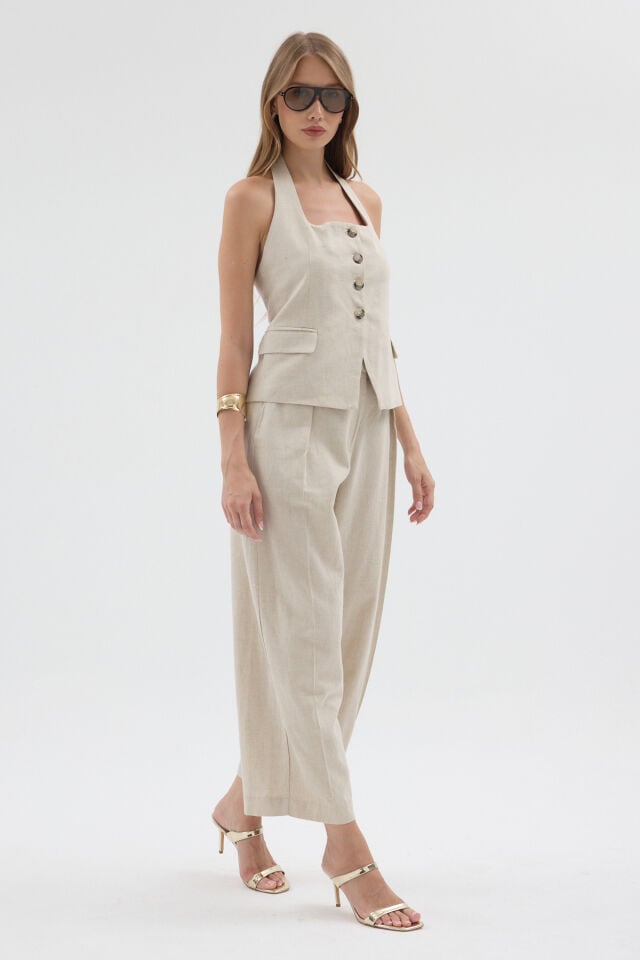 Mila Linen Set - Boyundan Bağlamalı Balon Pantalon Bej Keten Takım