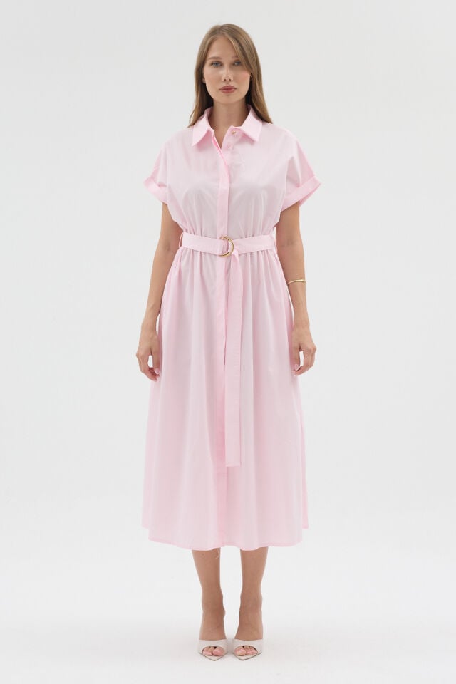 Eva Dress -  Pembe Kemerli Gömlek Elbise Midi