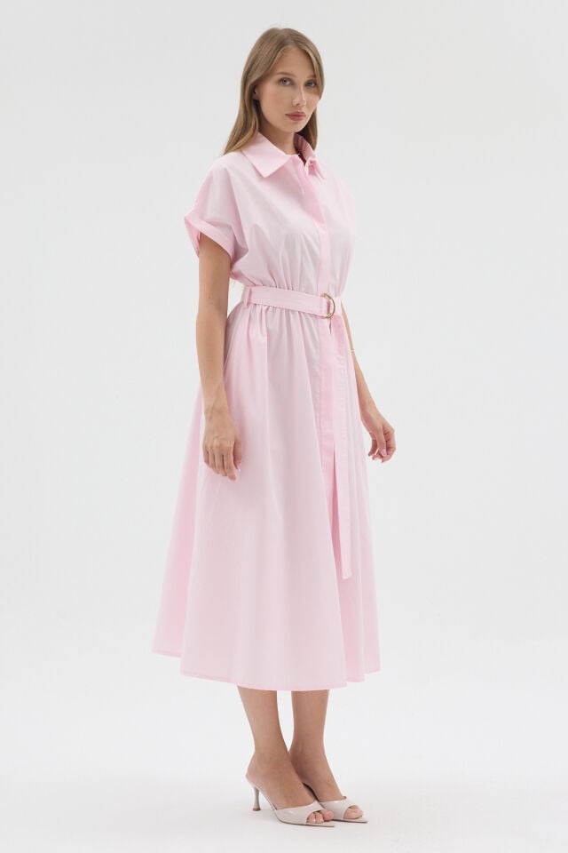 Eva Dress -  Pembe Kemerli Gömlek Elbise Midi