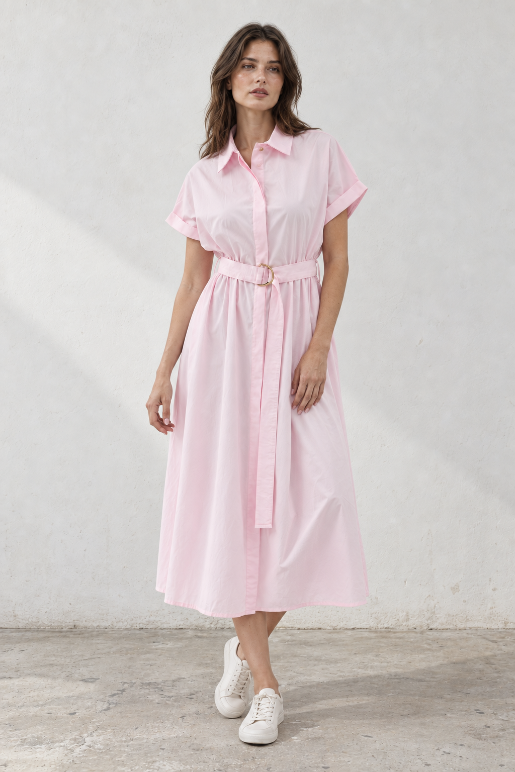 Eva Dress -  Pembe Kemerli Gömlek Elbise Midi