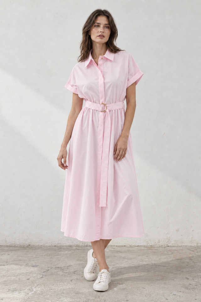 Eva Dress -  Pembe Kemerli Gömlek Elbise Midi