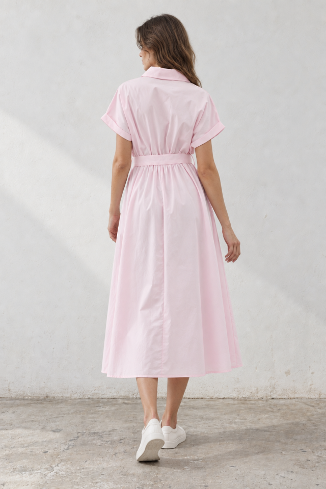 Eva Dress -  Pembe Kemerli Gömlek Elbise Midi