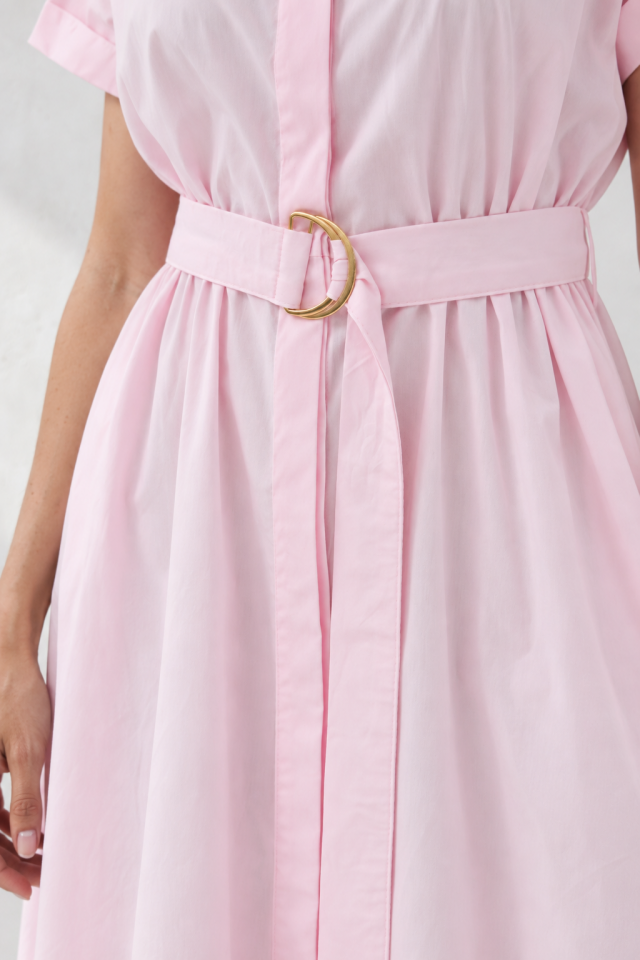 Eva Dress -  Pembe Kemerli Gömlek Elbise Midi