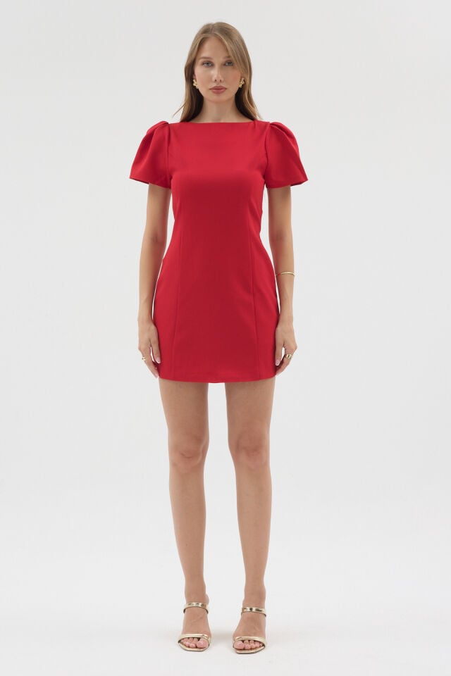 Olivia Dress - Balon Kol Kırmızı Mini Elbise