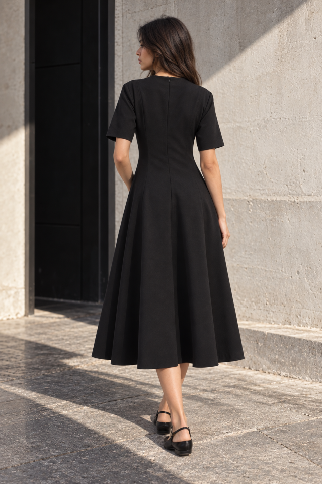 Elisa Midi Dress – Keten Bisiklet Yaka Kısa Kol Siyah Elbise