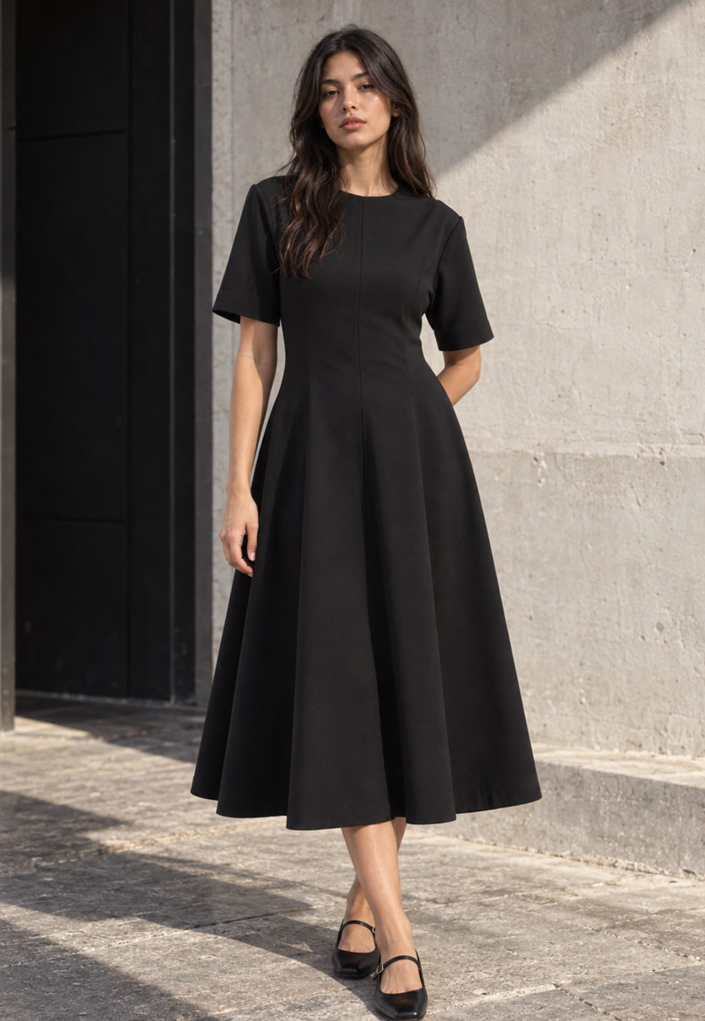 Elisa Midi Dress – Keten Bisiklet Yaka Kısa Kol Siyah Elbise