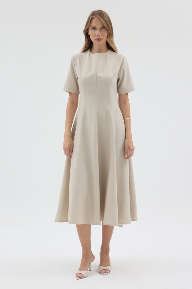 Elisa Midi Dress- Keten Bisiklet Yaka Kisa Kol Bej  Elbise