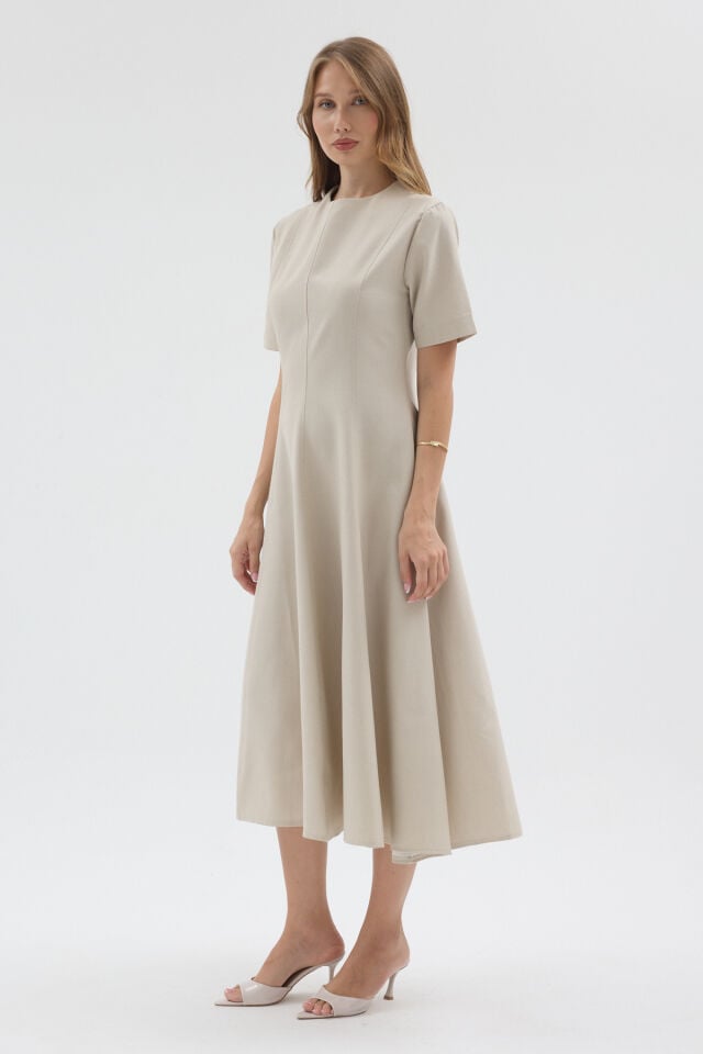 Elisa Midi Dress- Keten Bisiklet Yaka Kisa Kol Bej  Elbise