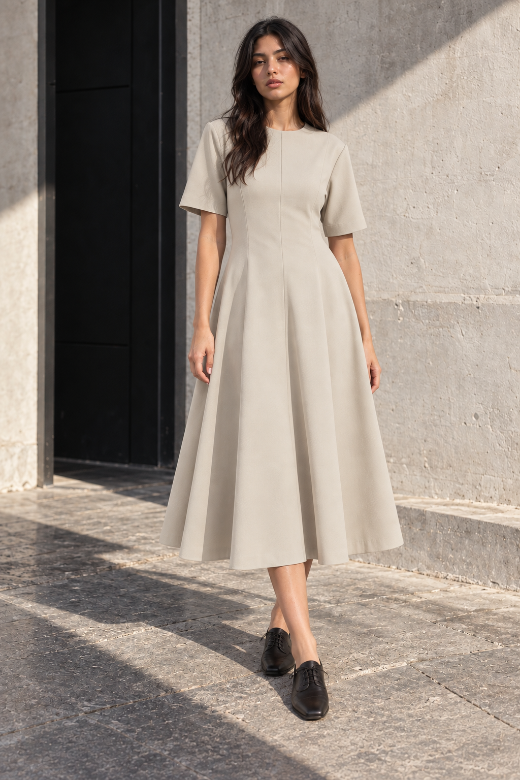 Elisa Midi Dress- Keten Bisiklet Yaka Kısa Kol Bej  Elbise