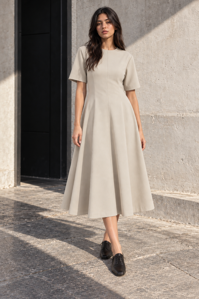 Elisa Midi Dress- Keten Bisiklet Yaka Kısa Kol Bej  Elbise