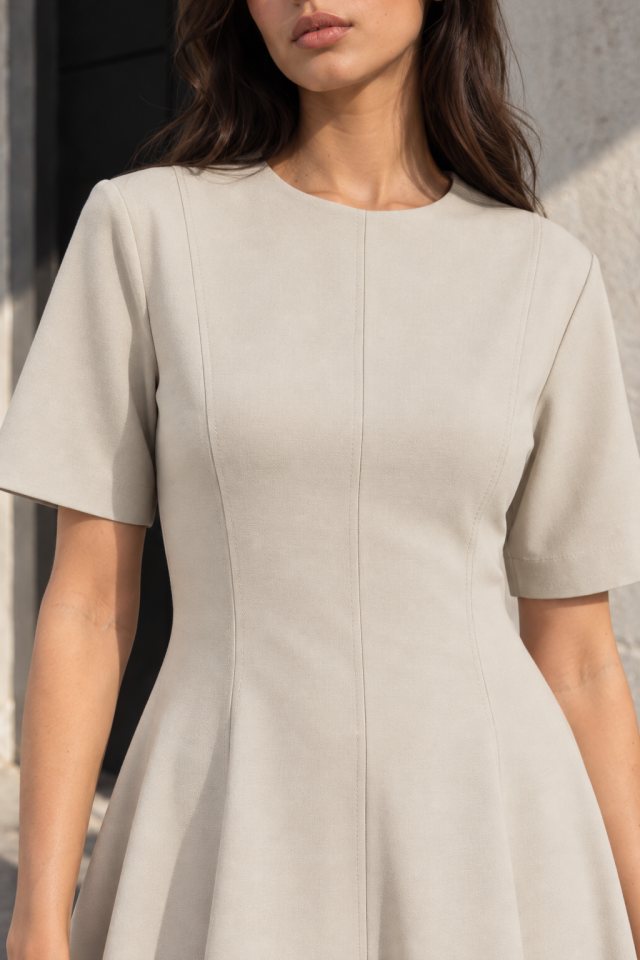 Elisa Midi Dress- Keten Bisiklet Yaka Kısa Kol Bej  Elbise