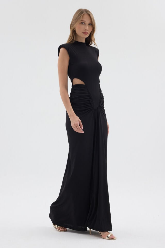 Stella Elegance Dress - Drape Maxi Siyah Elbise