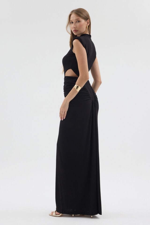 Stella Elegance Dress - Drape Maxi Siyah Elbise