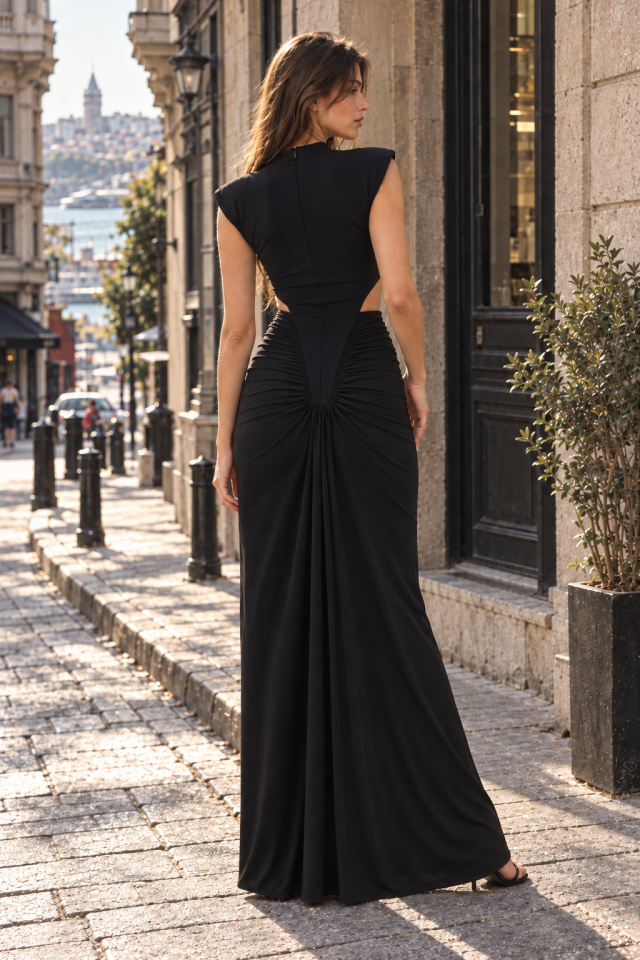 Stella Elegance Dress - Drape Maxi Siyah Elbise