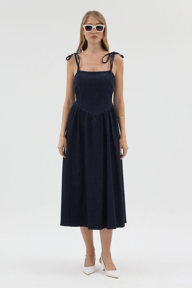 Sofia Indigo Dress-  Askılı Midi Elbise