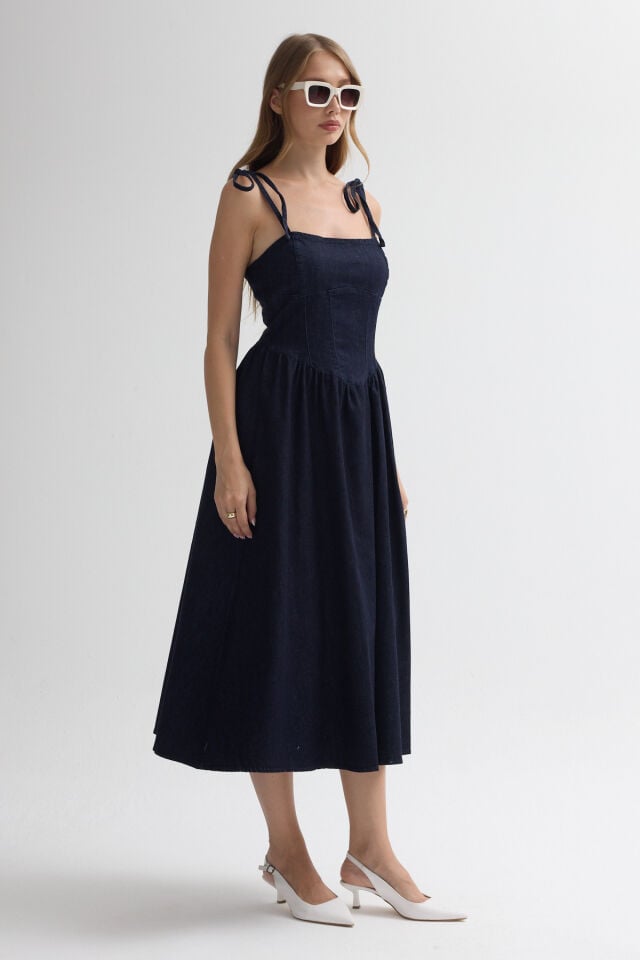 Sofia Indigo Dress-  Askılı Midi Elbise