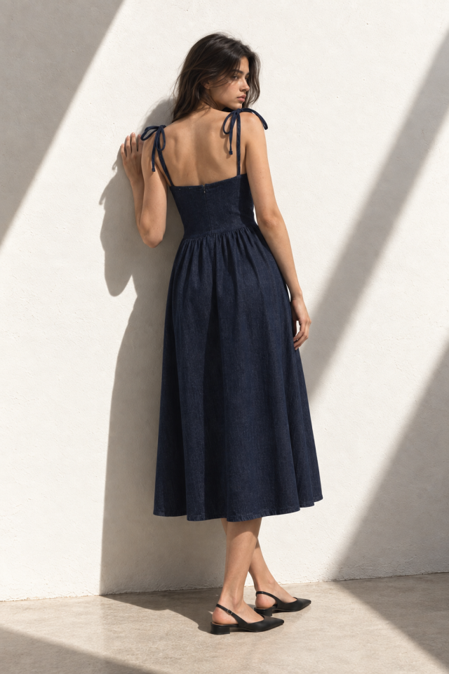 Sofia Indigo Dress-  Askılı Midi Elbise