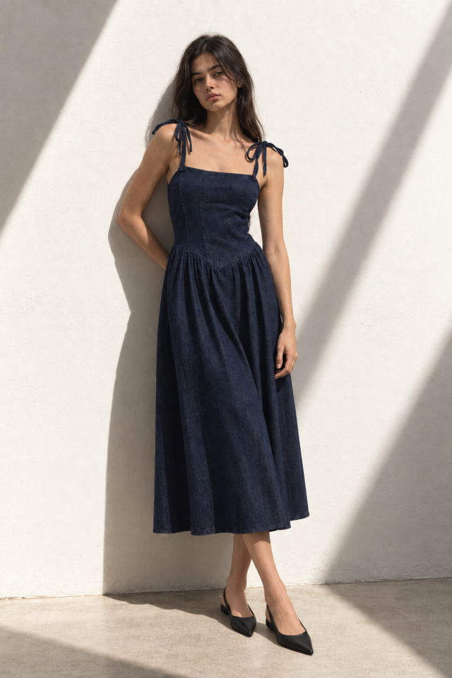 Sofia Indigo Dress-  Askılı Midi Elbise