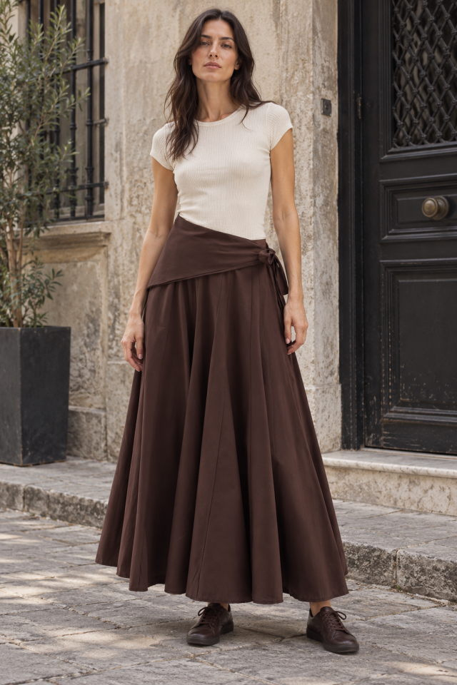 Sienna Skirt - Sjal Detaylı Kahve Etek