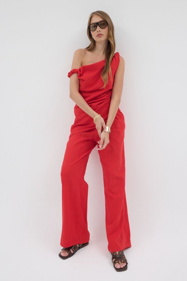 Blush Muse Set -   Asimetrik Yaka Keten Kırmızı Takım