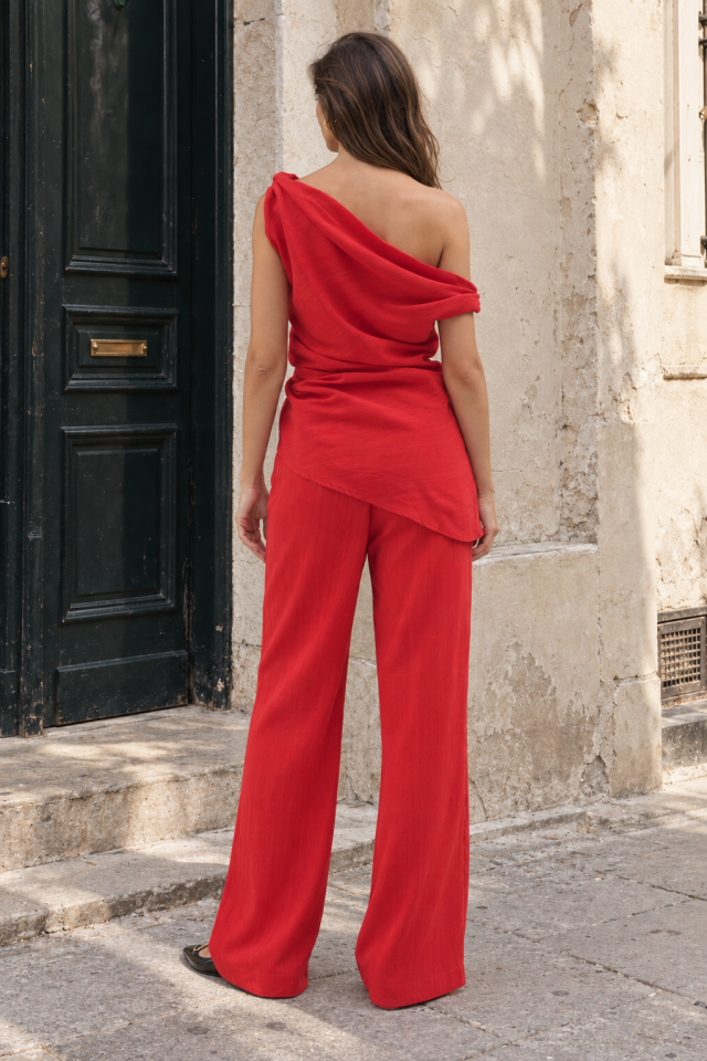 Blush Muse Set -   Asimetrik Yaka Keten Kırmızı Takım