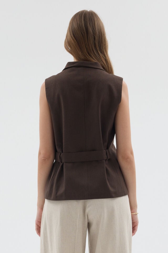 Siena Vest - Kahve Keten Yelek Ceket